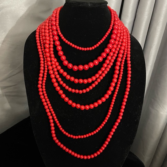 Multi-Strand Red Beaded Necklace - Picture 1 of 4